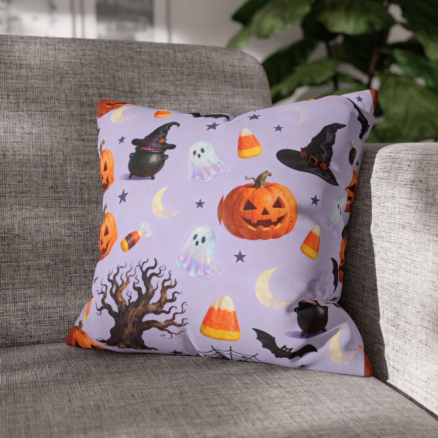 Halloween-Themed Faux Suede Pillowcase, Spooky Decor, Witchy Vibes, Cushion Cover, Fall Home Accents