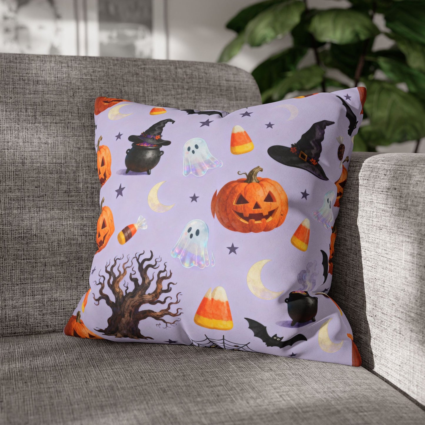 Halloween-Themed Faux Suede Pillowcase, Spooky Decor, Witchy Vibes, Cushion Cover, Fall Home Accents